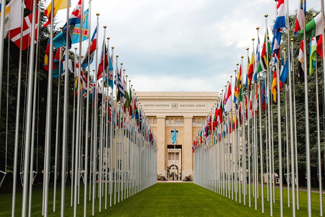 Photo of flags leading up to the United Nations building
