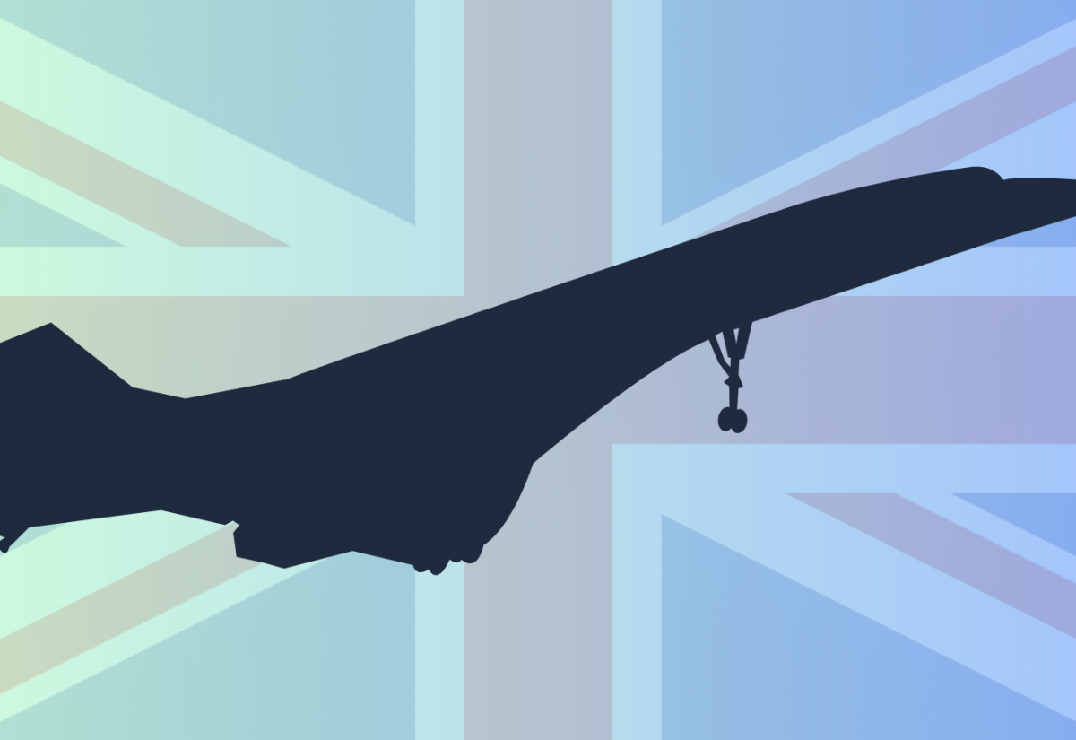 Silhouette of Concorde over British flag