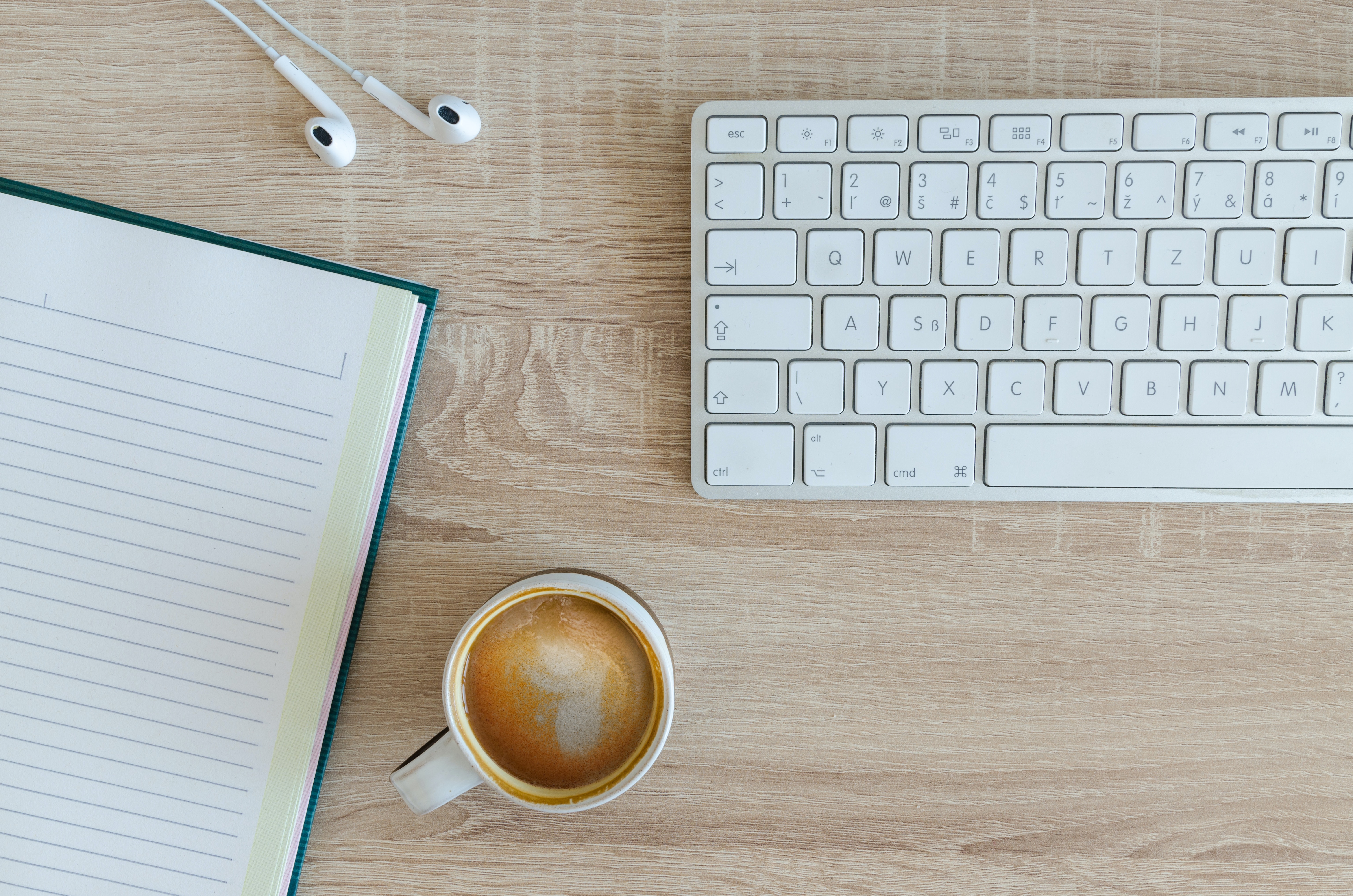 Notepad, keyboard and a cup of coffee