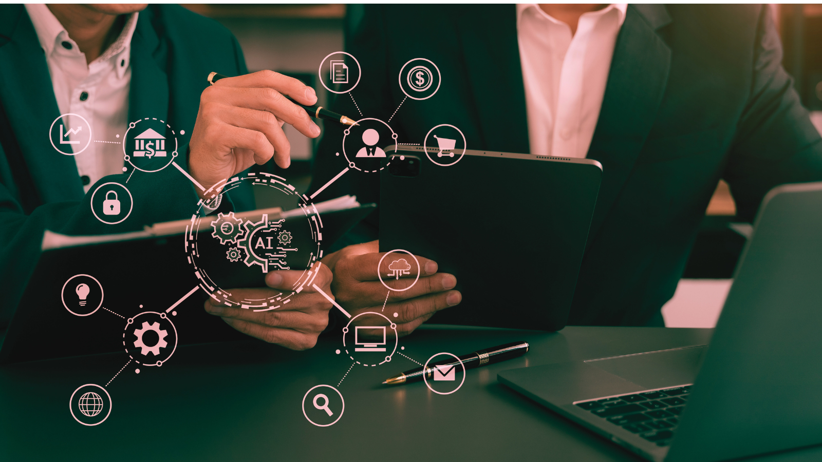 Hands with devices overlaid with abstract technology image