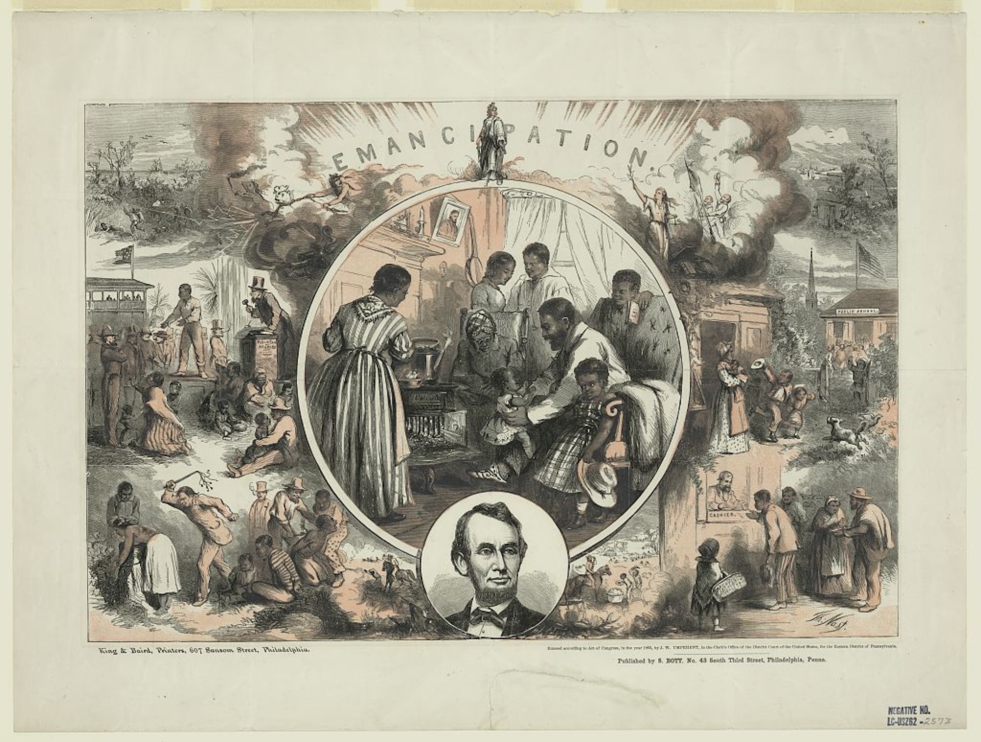 Illustration by Thomas Nast showing the contrast between enslaved and free Black life during and after the US Civil War. Central scene depicts a joyful freedman’s family around a stove, with images of Abraham Lincoln and a banjo on the wall. Surrounding scenes show past oppression under slavery and hopeful visions of freedom, education, and justice.