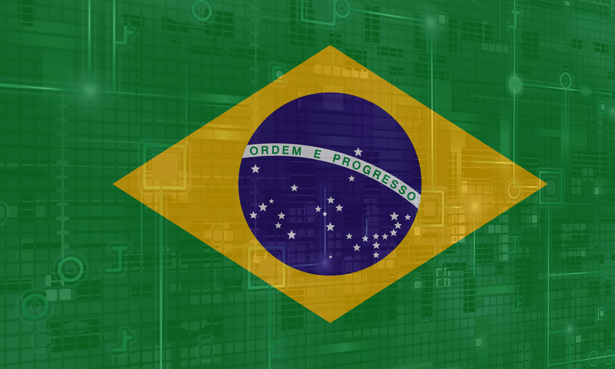 Digital illustration of the Brazilian flag overlaid on a green, futuristic circuit board background, symbolizing the intersection of technology and governance in Brazil.