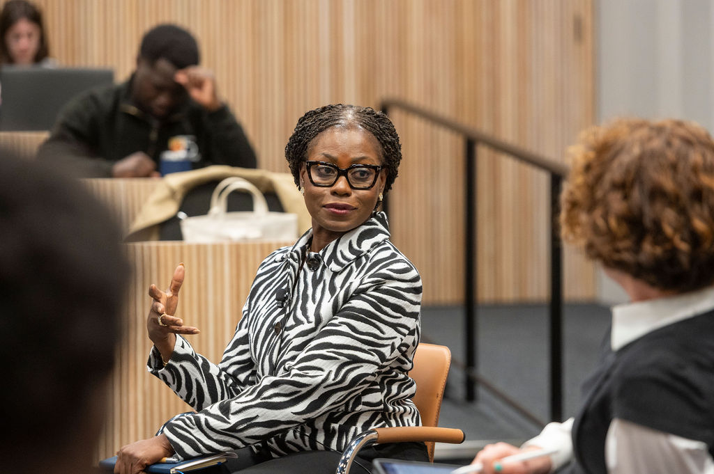Elsie Addo Awadzi, the inaugural Women in Public Leadership Fellow, speaking in conversation with Professor Emily Jones