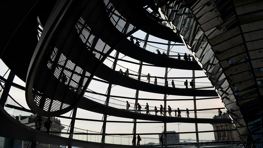 Inside the dome of the Reichstag building