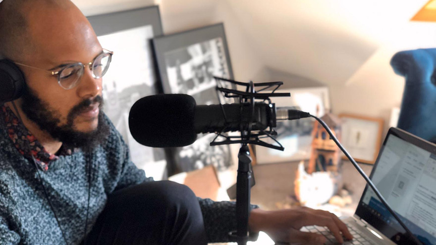 Suta recording the podcast remotely.