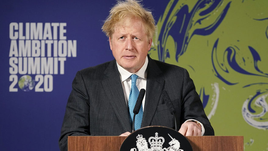 UK Prime Minister Boris Johnson gives a speech at the Climate Ambition Summit 2020.