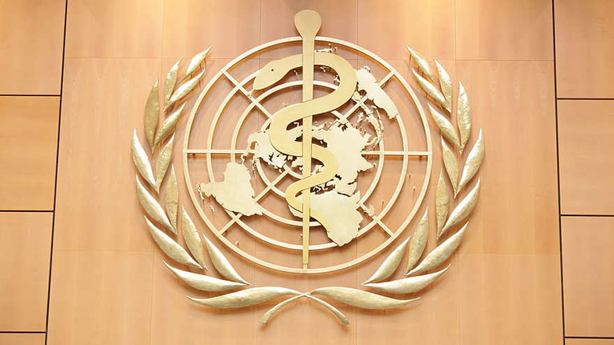 World Health Organisation logo on a wall at its headquarters in Geneva