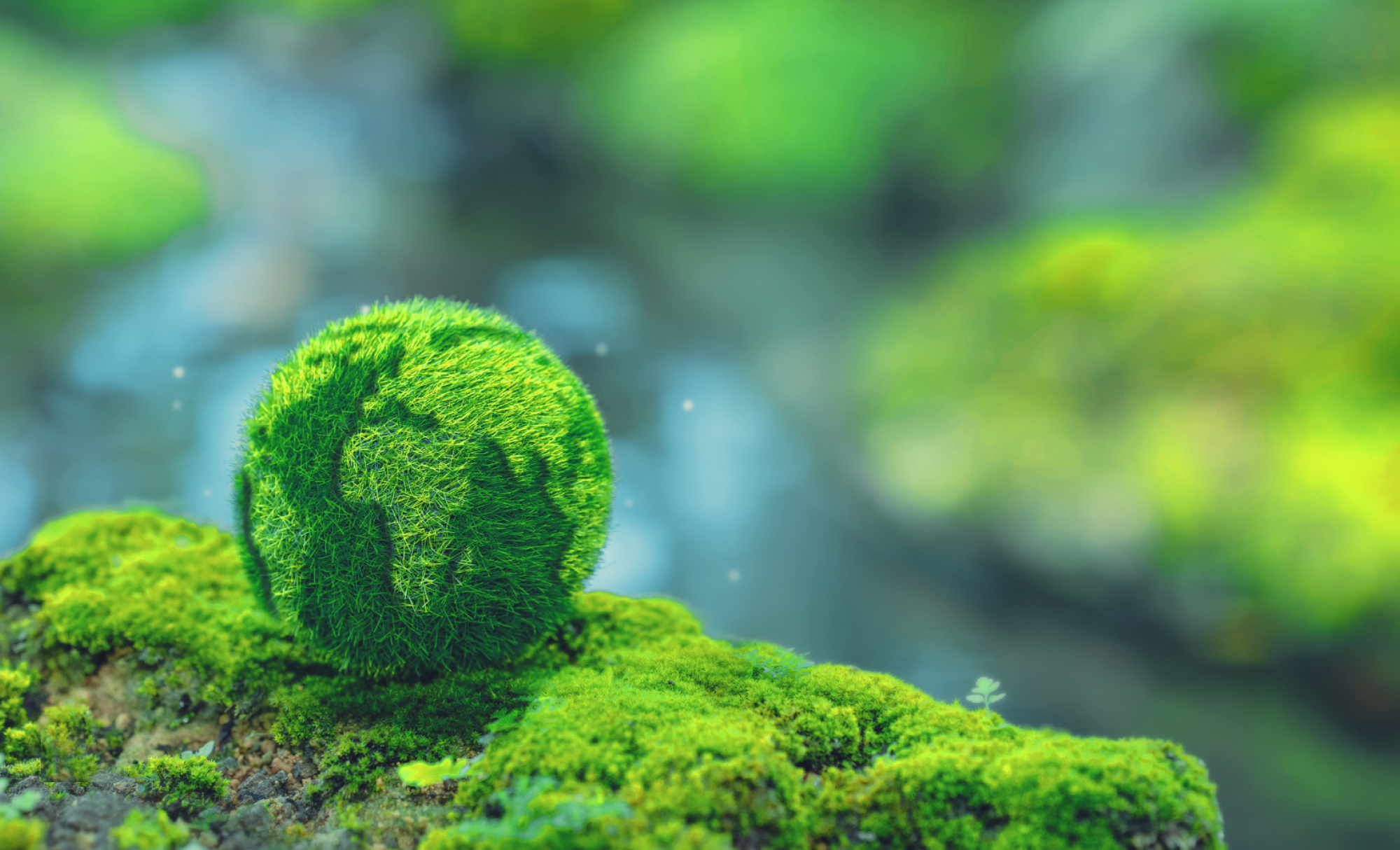 Abstract image of Earth against natural backdrop of stream and moss