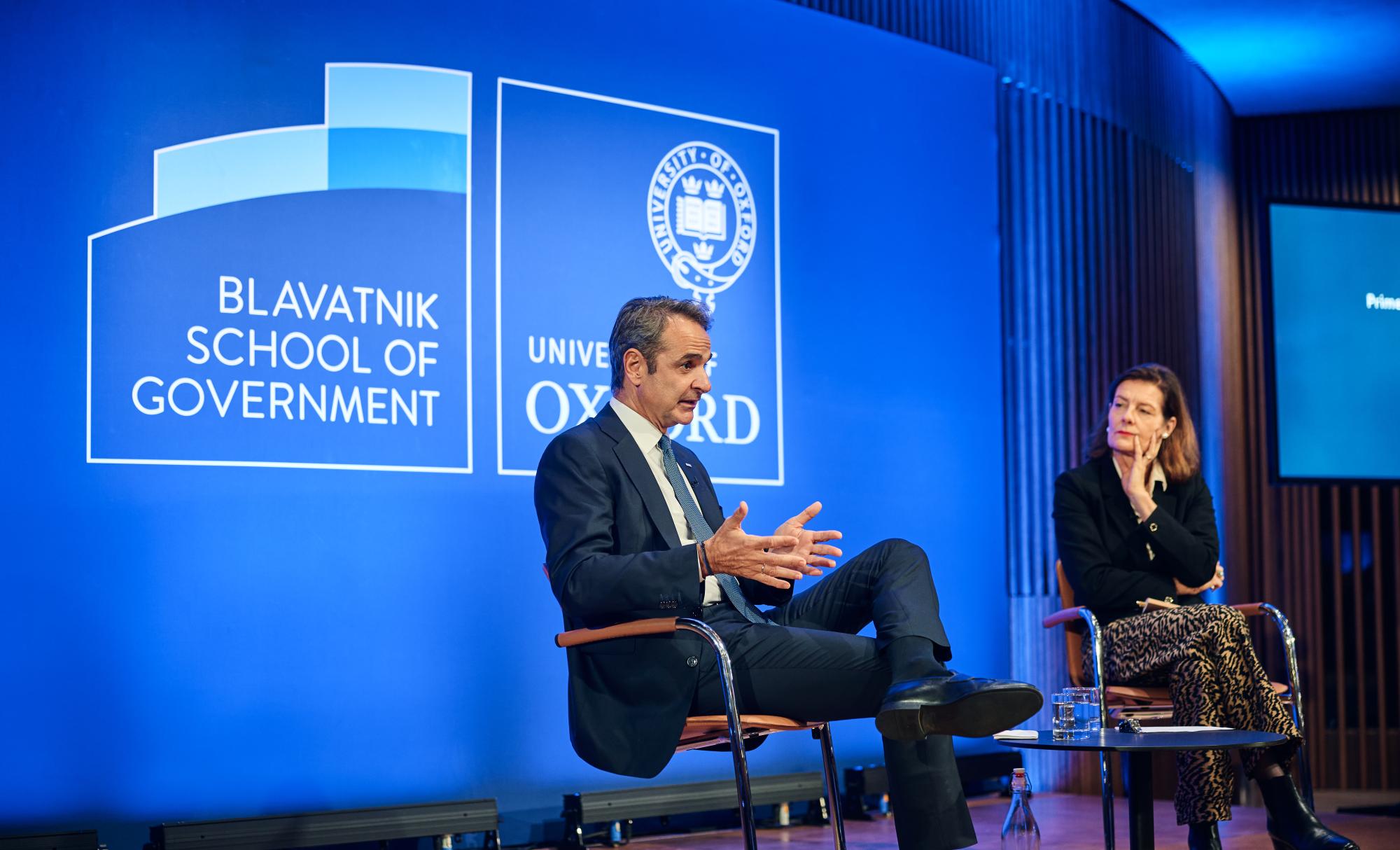 The Prime Minister of Greece, Kyriakos Mitsotakis, in conversation with Professor Ngaire Woods, founding Dean of the Blavatnik School of Government