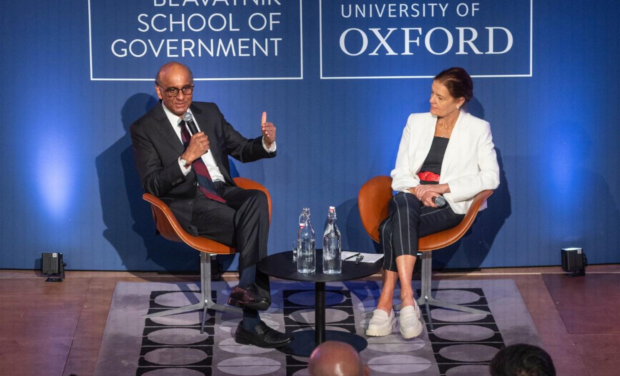 Tharman Shanmugaratnam, President of the Republic of Singapore, talks to Dean Ngaire Woods on stage