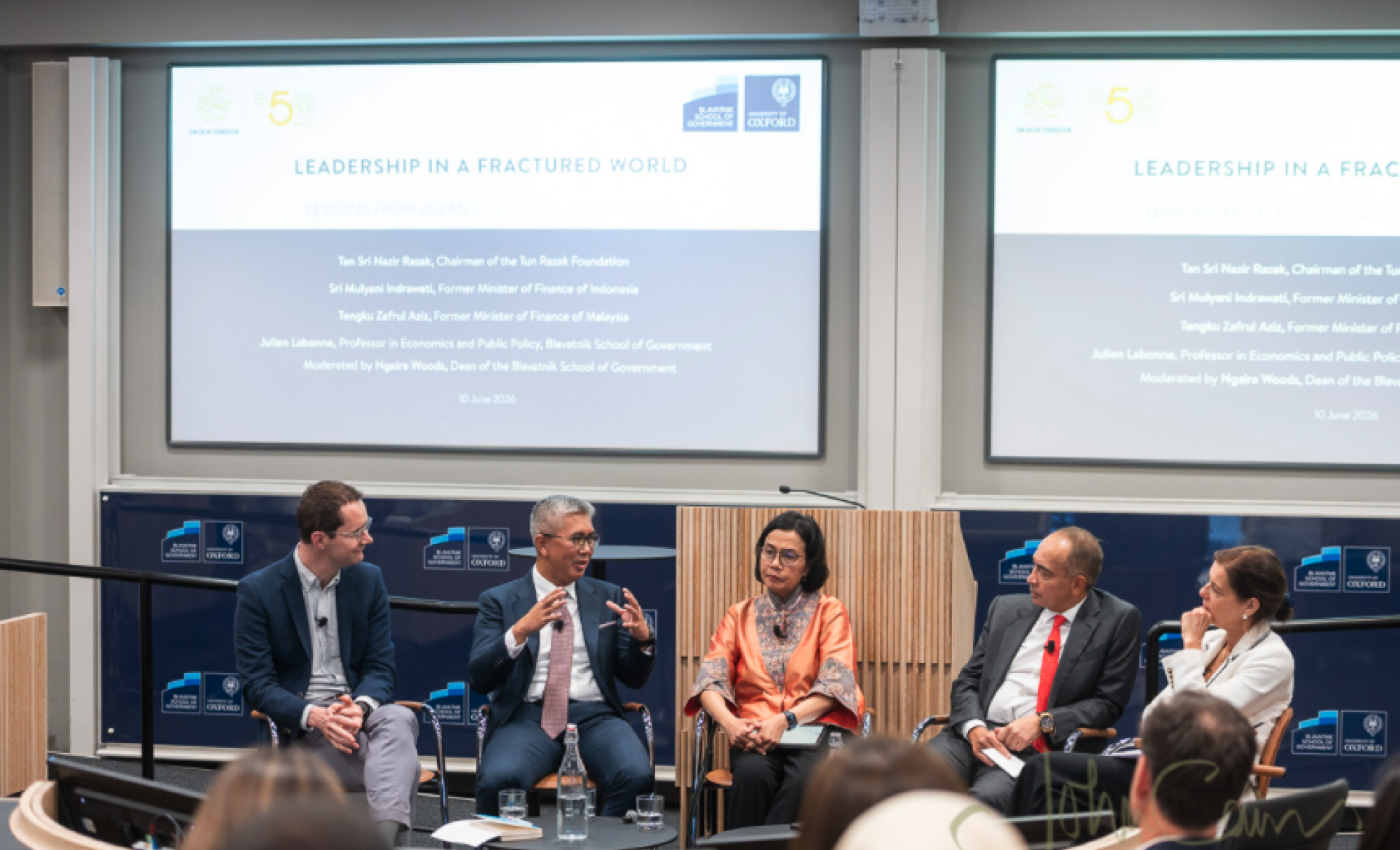Image of five panellists at the "leadership in a fractured world" panel