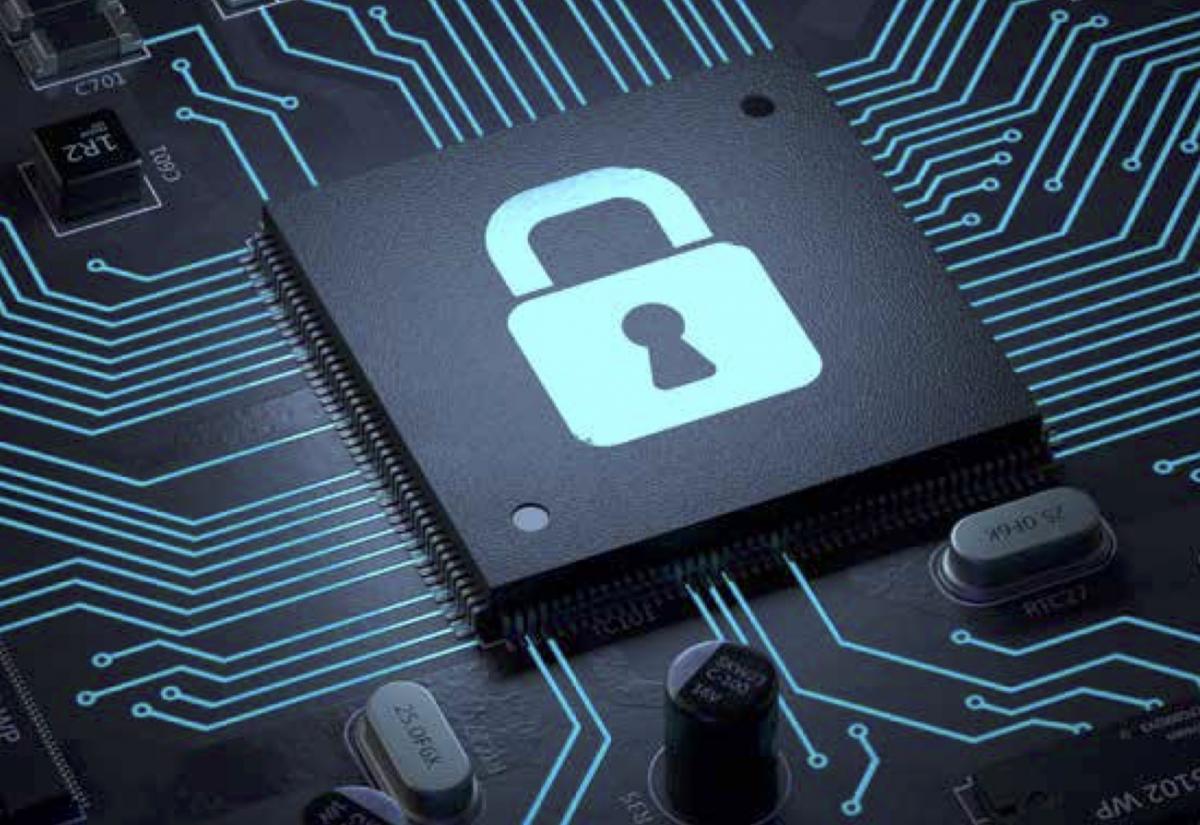 A graphic image depicting a digital lock on a circuit board