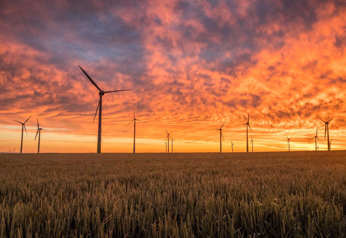 Wind turbines offset by an orange sunset – photo by Karsten Wurth for Unsplash
