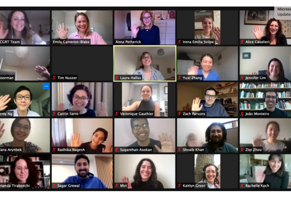 Zoom meeting shows members of the OxCGRT team with cameras on waving