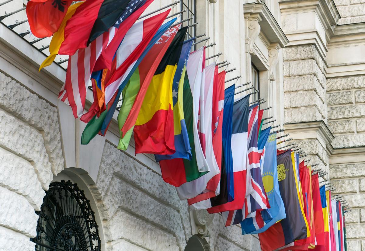 The flags of Organization for Security and Co-operation in Europe countries near headquarters of OSCE in Vienna, Austria