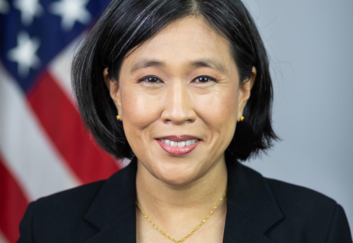 Photo of Ambassador Katherine Tai against the United States flag