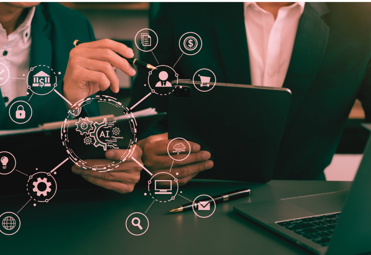 Hands with devices overlaid with abstract technology image