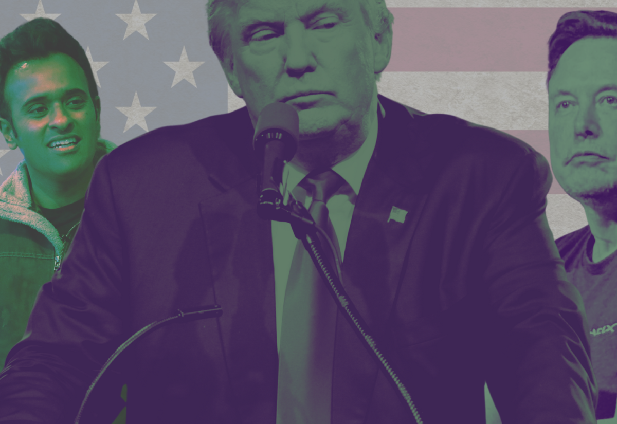 Composite image of Donald Trump, Vivek Ramaswamy and Elon Musk against US flag