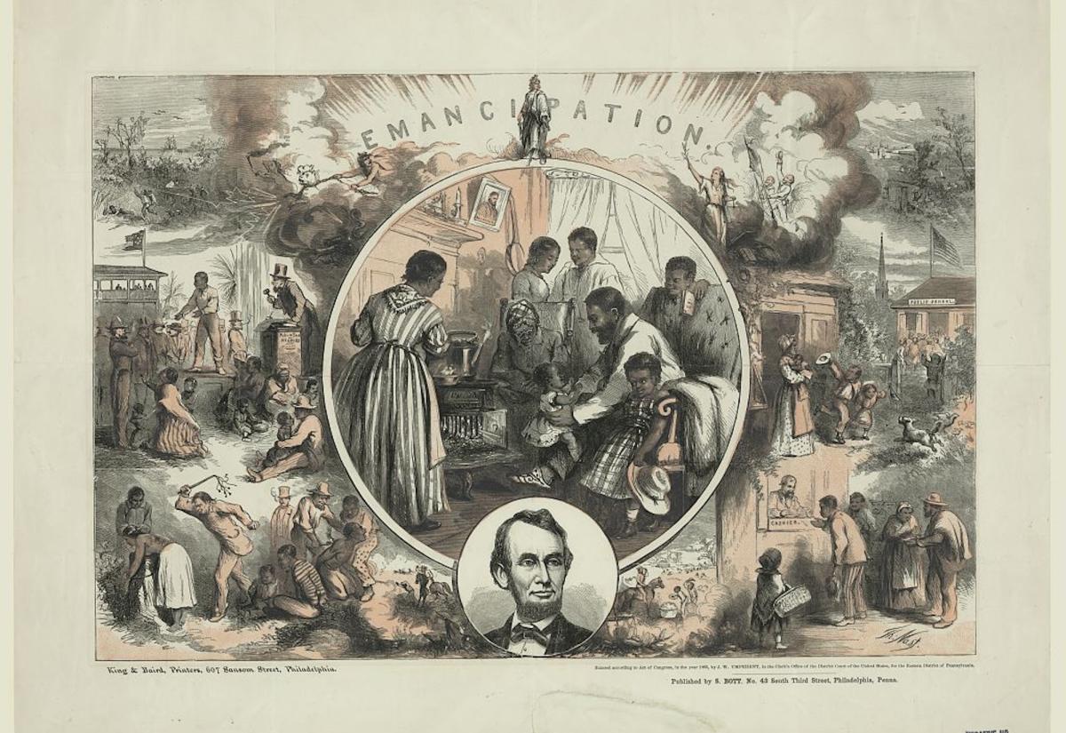 Illustration by Thomas Nast showing the contrast between enslaved and free Black life during and after the US Civil War. Central scene depicts a joyful freedman’s family around a stove, with images of Abraham Lincoln and a banjo on the wall. Surrounding scenes show past oppression under slavery and hopeful visions of freedom, education, and justice.
