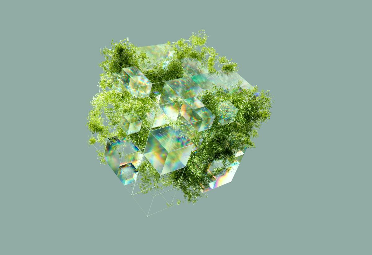 A cube of glass floats in the air, partly covered by plant and grass growing around it