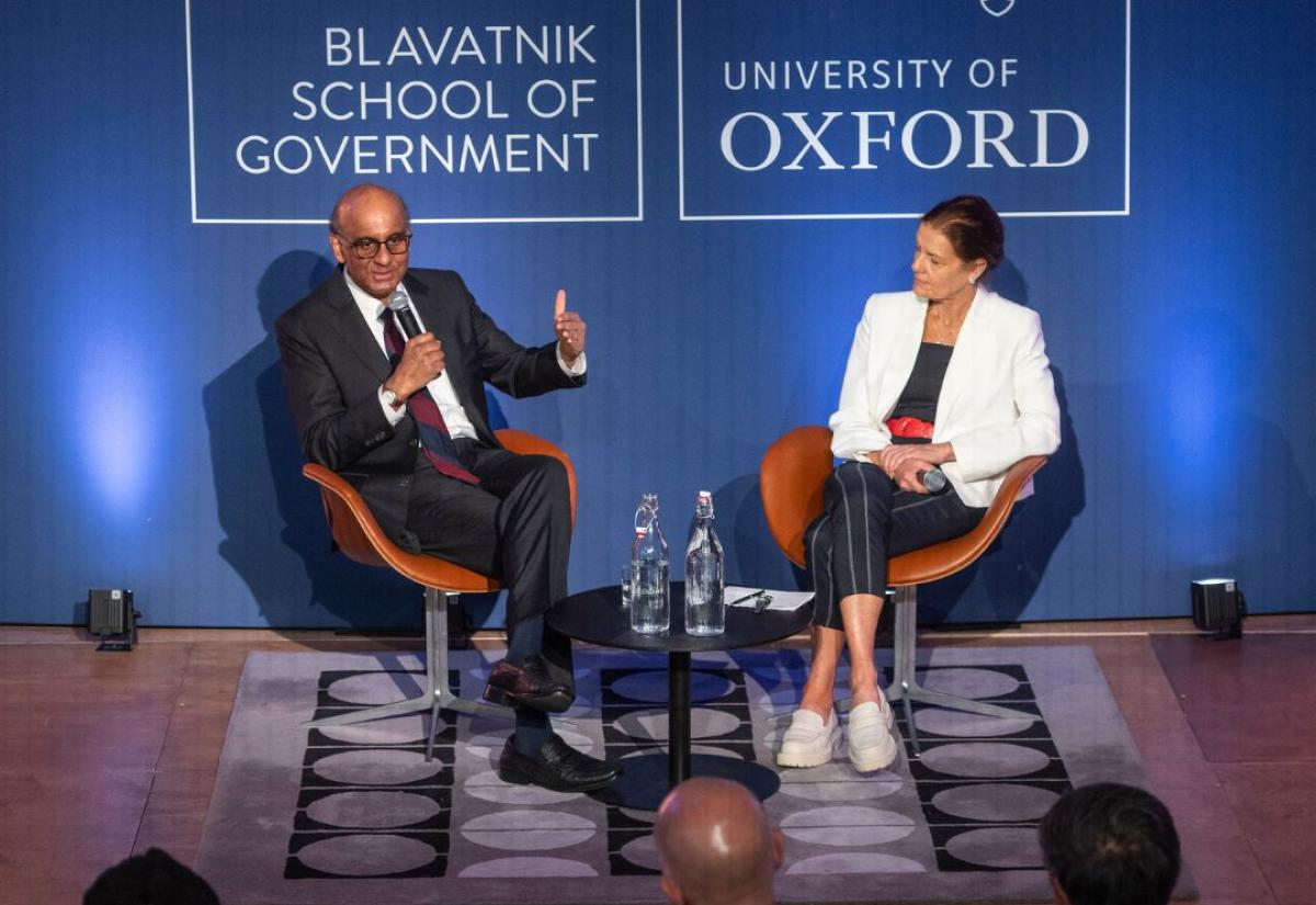 Tharman Shanmugaratnam, President of the Republic of Singapore, talks to Dean Ngaire Woods on stage