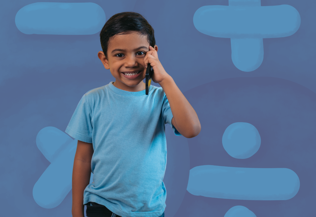 Boy speaking on a mobile phone against abstract background of maths symbols