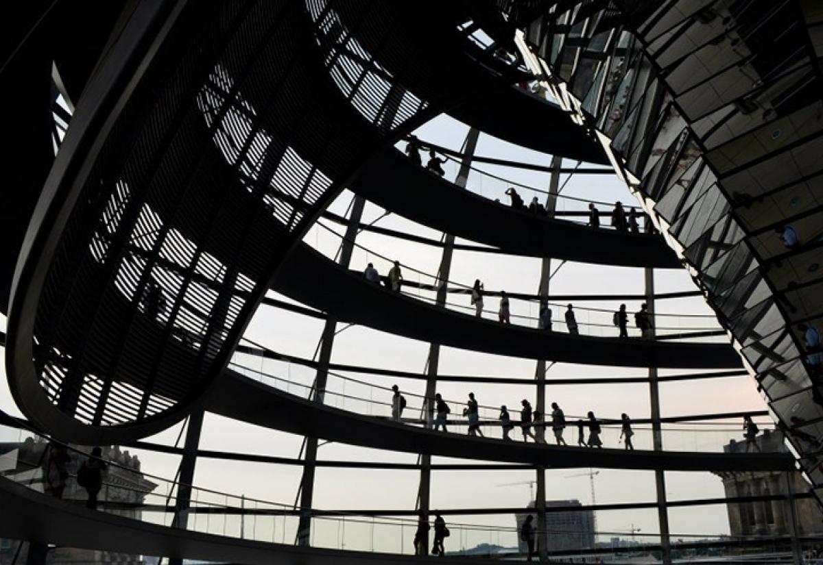 Inside the dome of the Reichstag building