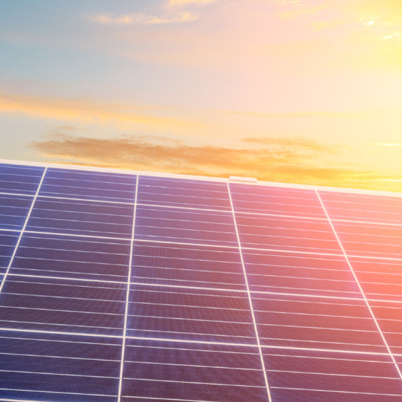 Solar panels against a sunset