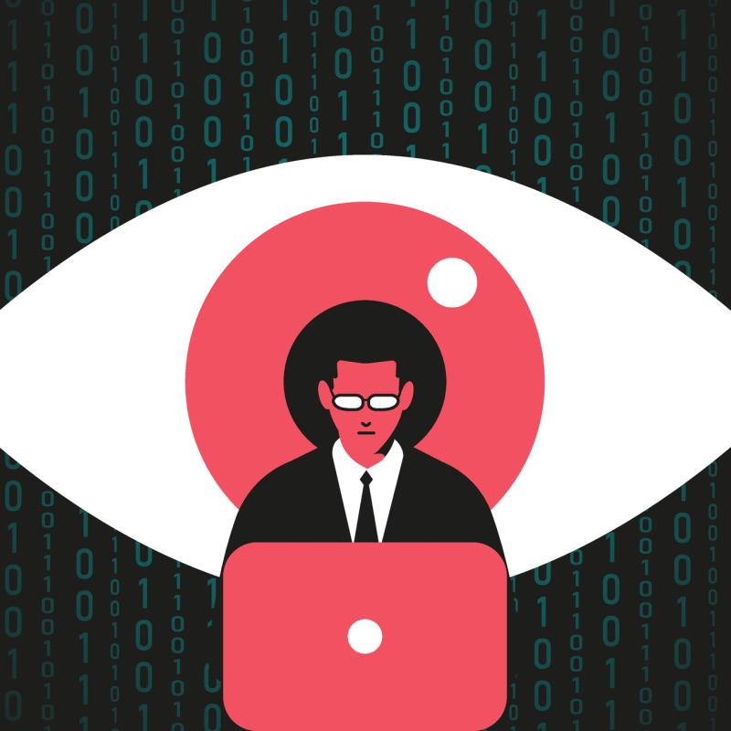 Giant eye watching at man working at the computer. Surveillance, hacking, internet security concept. Flat vector illustration.